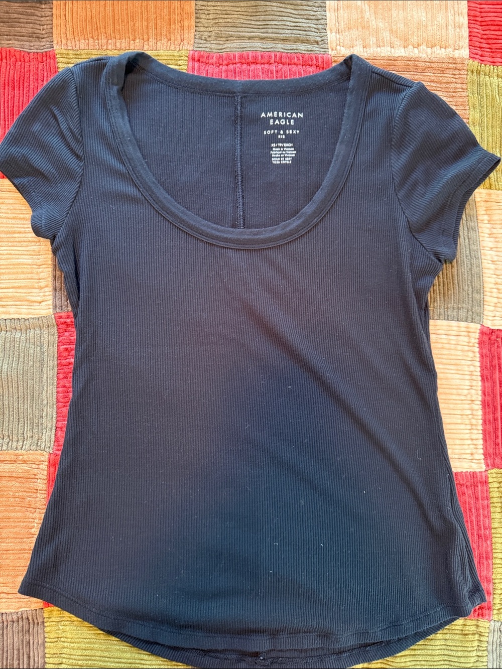 American Eagle Outfitters Black Ribbed Scoop-Neck Short Sleeve Top